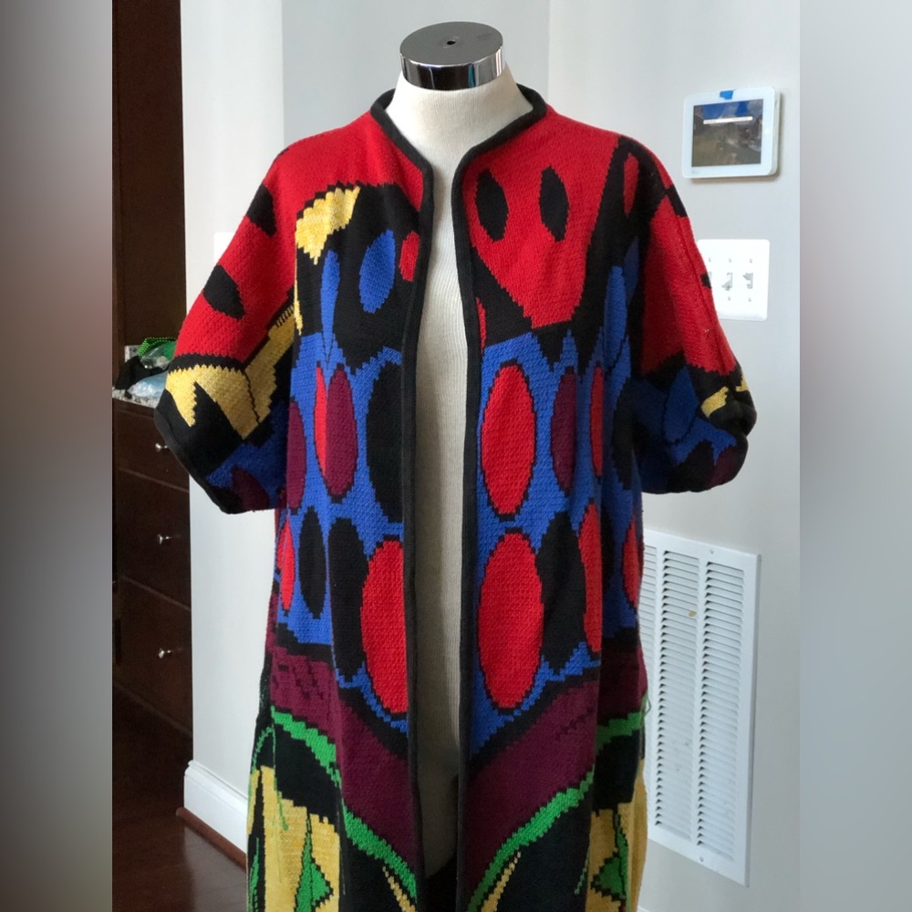 VTG 90’s Michelle Laidier Abstract Art Long Open Full Length Cardigan Duster